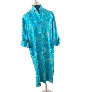 Vintage Turquoise and Gold Silk Mandarin Coat Duster Japan 1960s Medium/Large